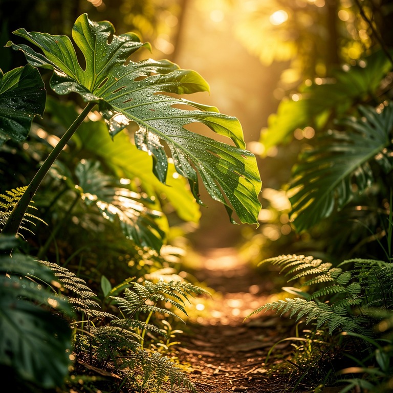 Jungle path lined with giant philodendron leaves and ferns | ShopAyahuascaRetreats