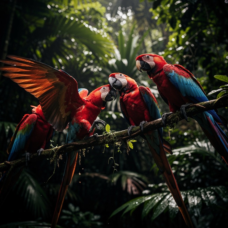 Macaws preening on a jungle vine, wings showing red and blue | ShopAyahuascaRetreats