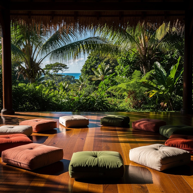 Meditation cushions arranged in a circle on a wooden floor | ShopAyahuascaRetreats