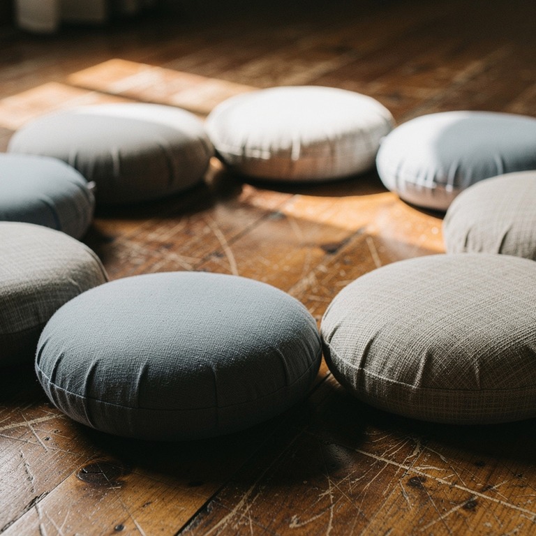 Meditation cushions arranged in a circle on a wooden floor | ShopAyahuascaRetreats
