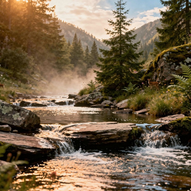 Misty mountain stream cascading over flat stones | ShopAyahuascaRetreats