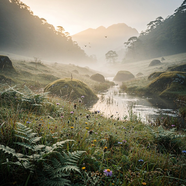 Morning mist rises over a serene, empty valley, evoking cont... | ShopAyahuascaRetreats