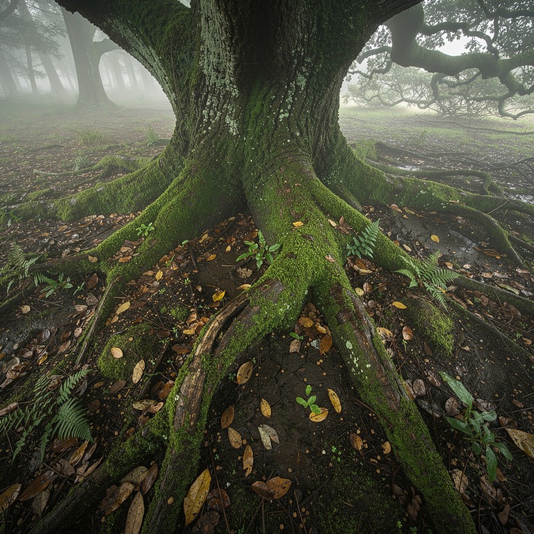 Moss-draped oak in a coastal fog | ShopAyahuascaRetreats
