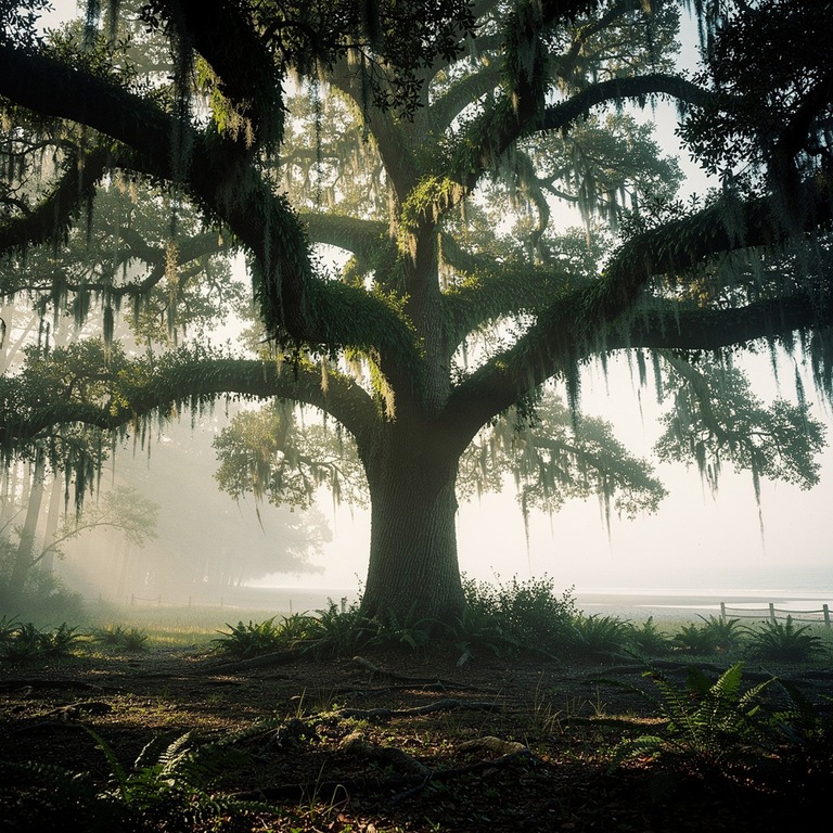 Moss-draped oak in a coastal fog | ShopAyahuascaRetreats