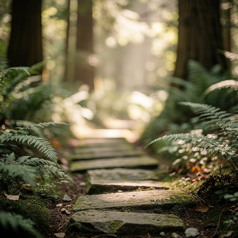 Mossy stone path winding through a fern-filled forest | ShopAyahuascaRetreats