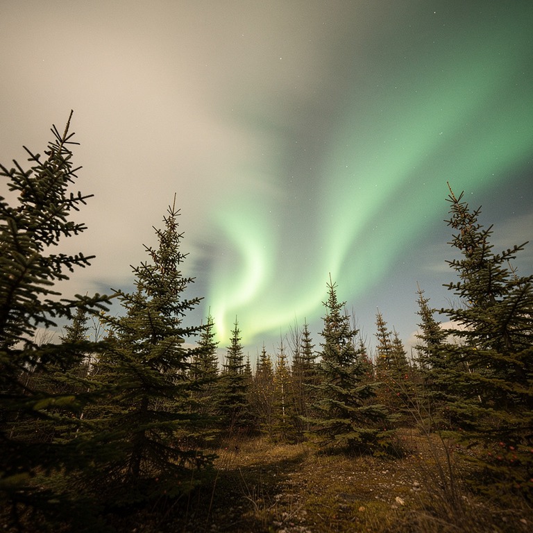 Northern lights over a spruce forest, cool green glow | ShopAyahuascaRetreats
