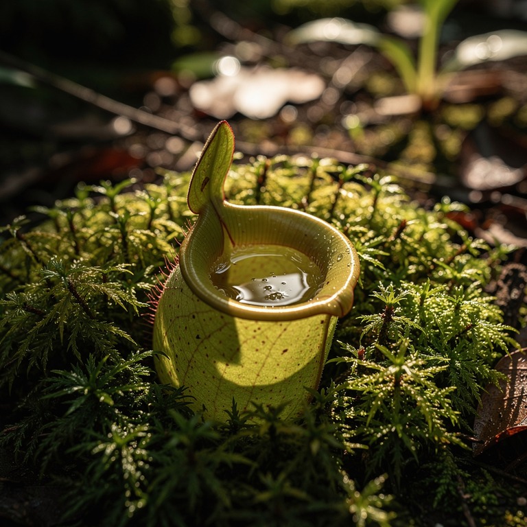 Pitcher plant nestled in moss, water collected inside the cu... | ShopAyahuascaRetreats