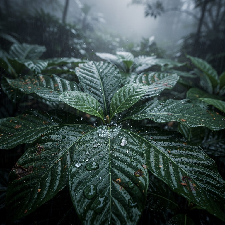 Rain hitting broad tropical leaves, droplets bouncing | ShopAyahuascaRetreats