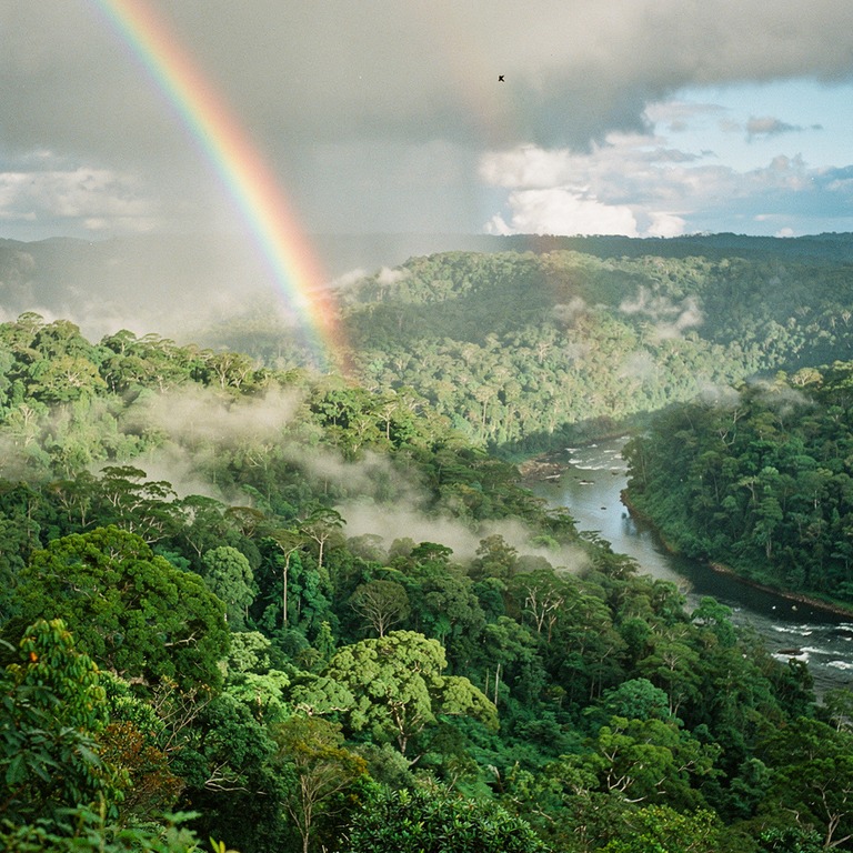 Rainbow arching over a misty rainforest valley after a storm | ShopAyahuascaRetreats