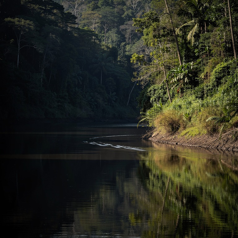 River bend in deep rainforest, reflection of trees on still ... | ShopAyahuascaRetreats