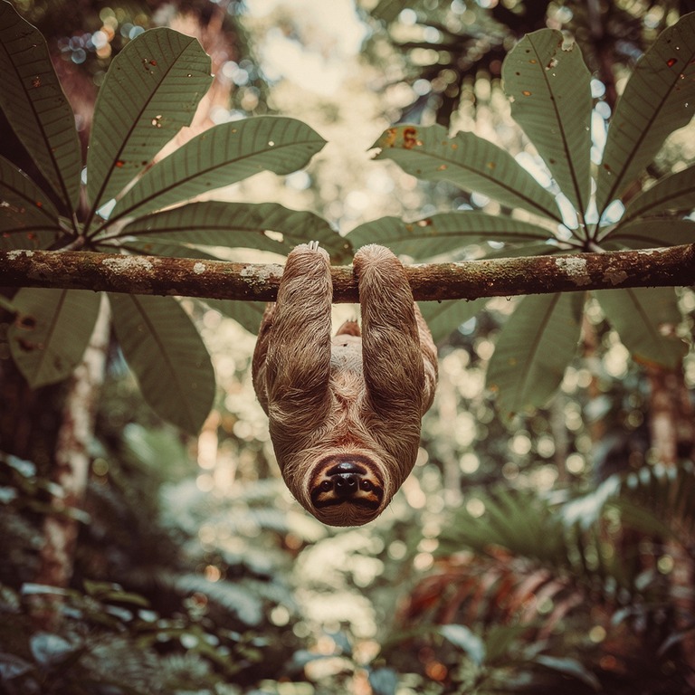 Sloth hanging upside-down from a cecropia branch | ShopAyahuascaRetreats