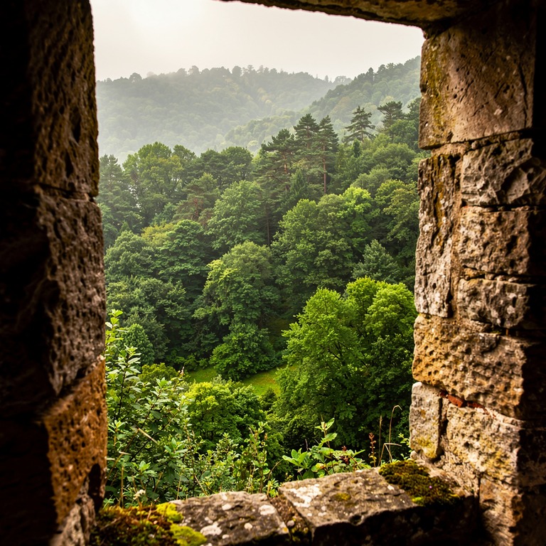 Stone monastery window looking out onto a green forested val... | ShopAyahuascaRetreats