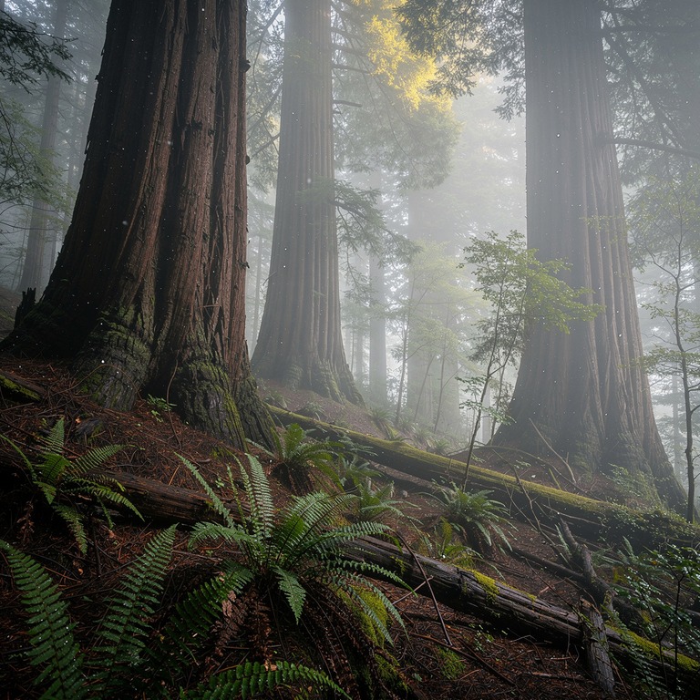 Thick morning fog rolling through redwood trunks | ShopAyahuascaRetreats
