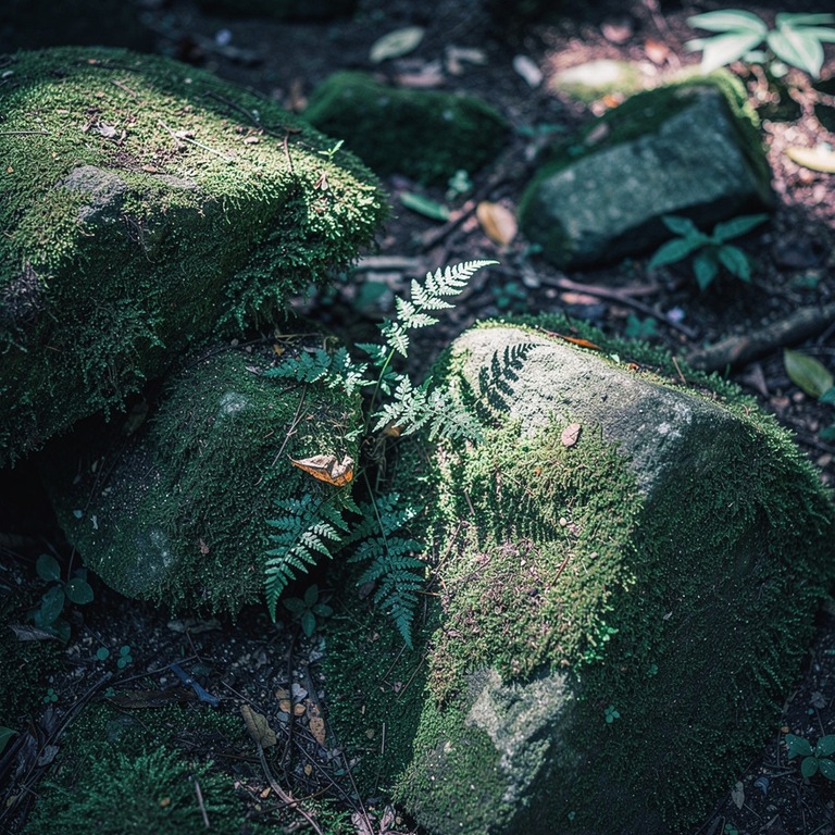 Vivid green moss carpet on rainforest boulders, dappled sun | ShopAyahuascaRetreats