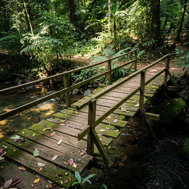 Wooden footbridge crossing a moss-covered jungle creek | ShopAyahuascaRetreats