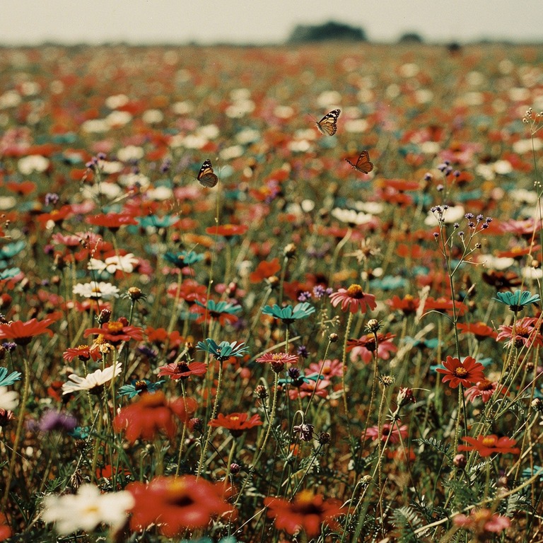 A blooming wildflower meadow stretches towards the horizon, ... | ShopAyahuascaRetreats