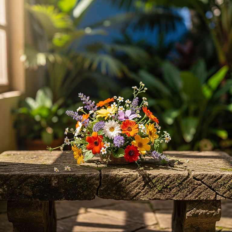 A bouquet of wildflowers on a stone bench, with each bloom r... | ShopAyahuascaRetreats