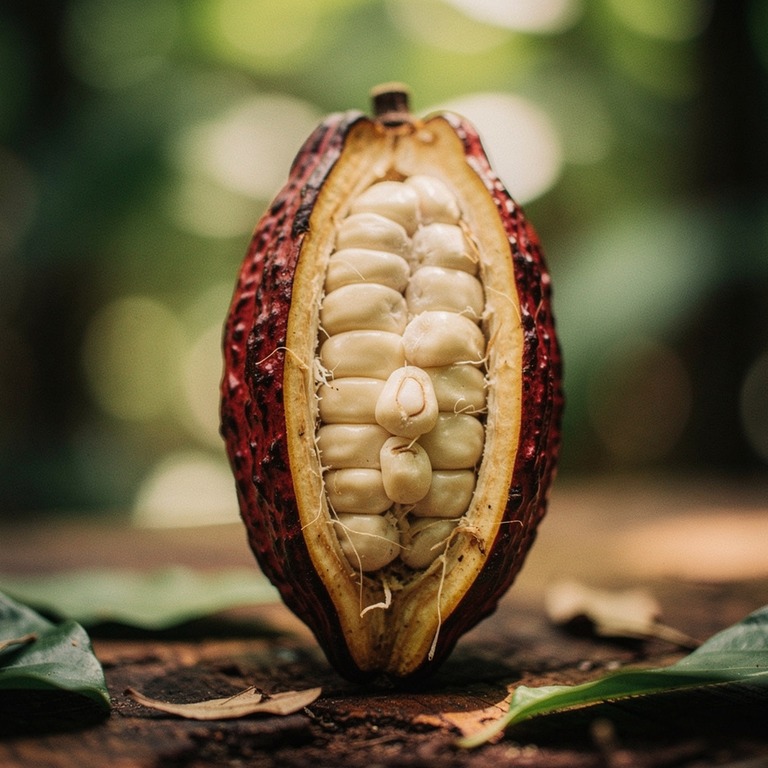 A close-up, macro photograph of a cacao pod, split open to r... | ShopAyahuascaRetreats