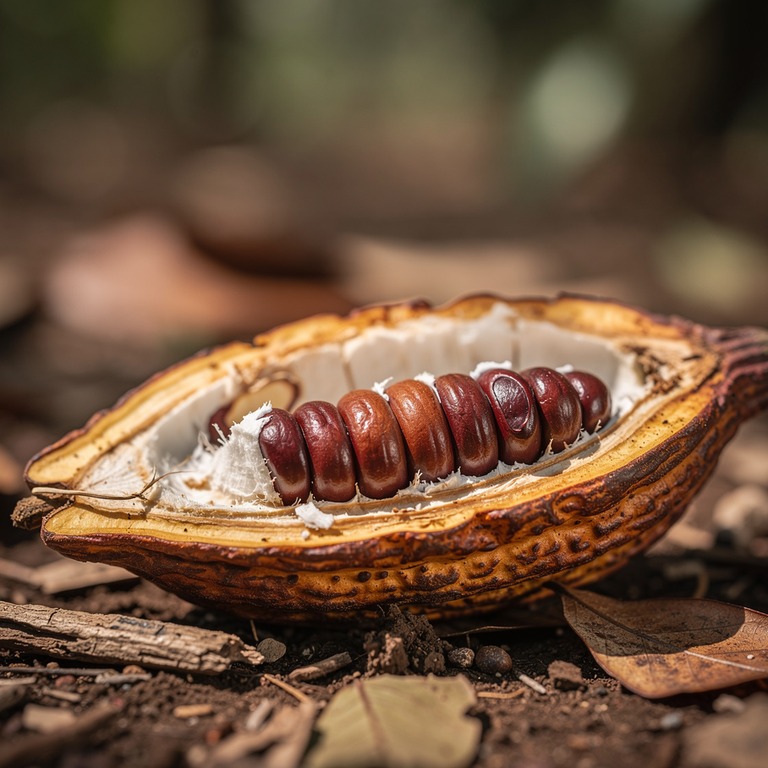 A close-up of a cacao pod, split open to reveal its vibrant ... | ShopAyahuascaRetreats
