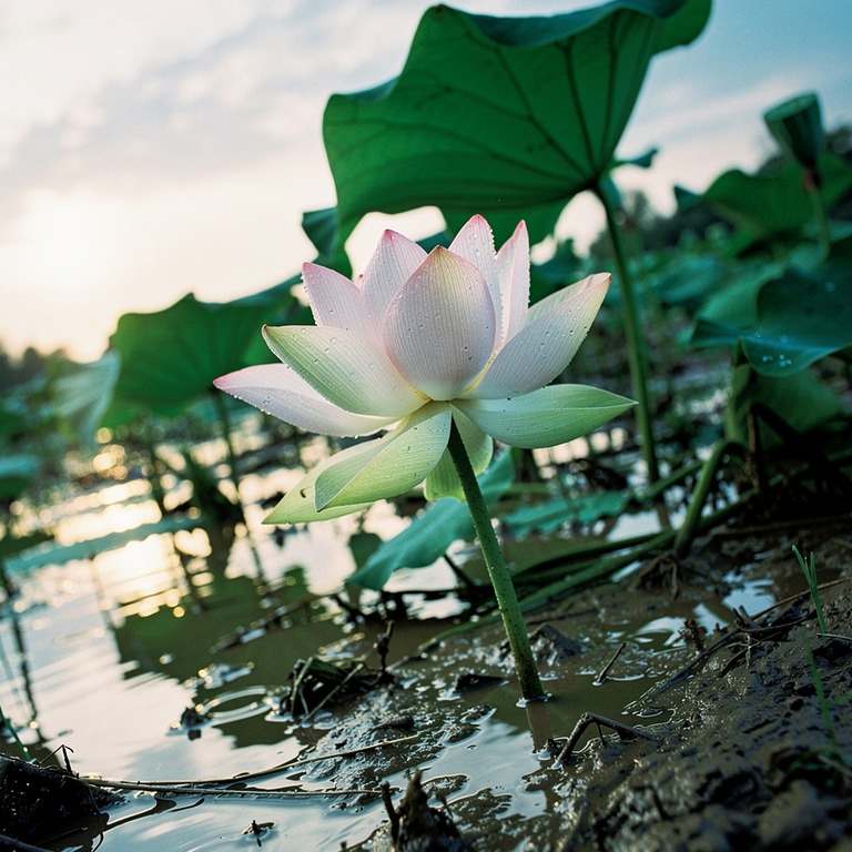 A close-up of a lotus flower blooming in a muddy pond, with ... | ShopAyahuascaRetreats