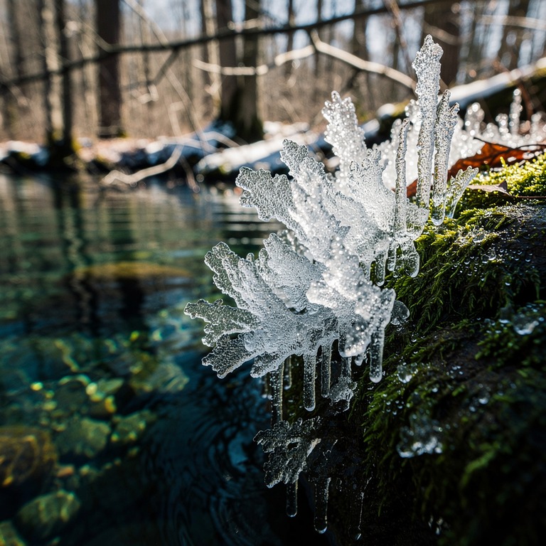 A delicate, crystal-like ice formation clinging to the edge ... | ShopAyahuascaRetreats
