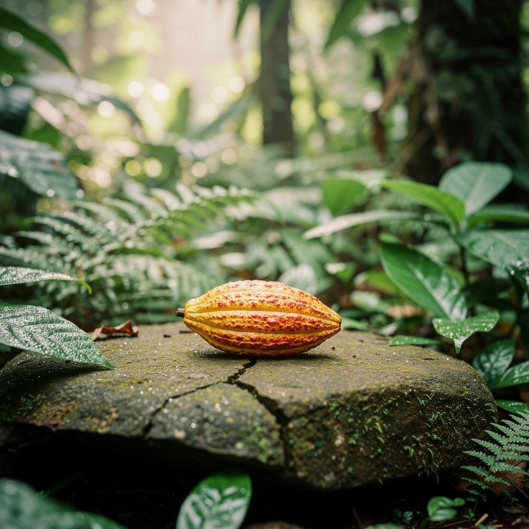 A delicate, dew-kissed cacao pod rests on a large, flat ston... | ShopAyahuascaRetreats