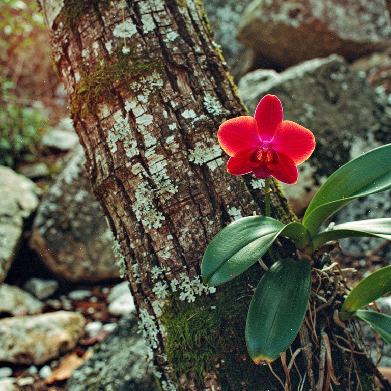 A delicate, exotic orchid blooms on the bark of a tree, its ... | ShopAyahuascaRetreats