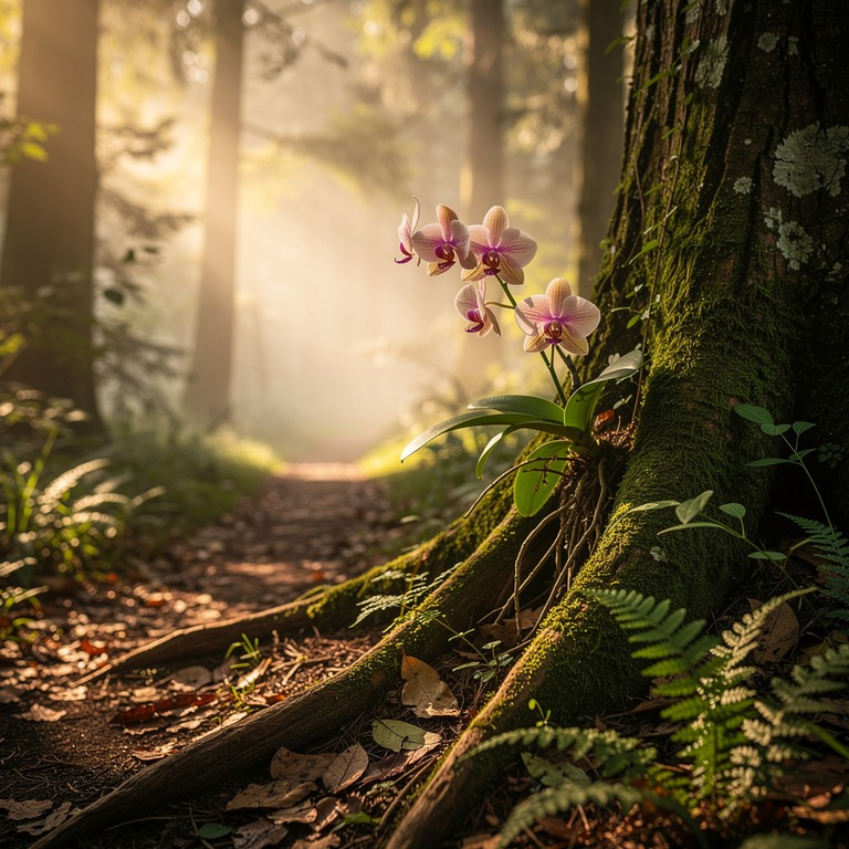 A delicate orchid clings to the bark of a ancient tree, its ... | ShopAyahuascaRetreats