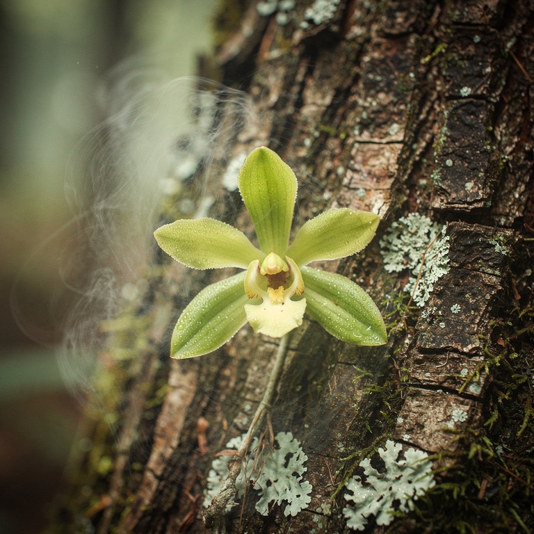 A delicate, vibrant green orchid blooming on the bark of a t... | ShopAyahuascaRetreats