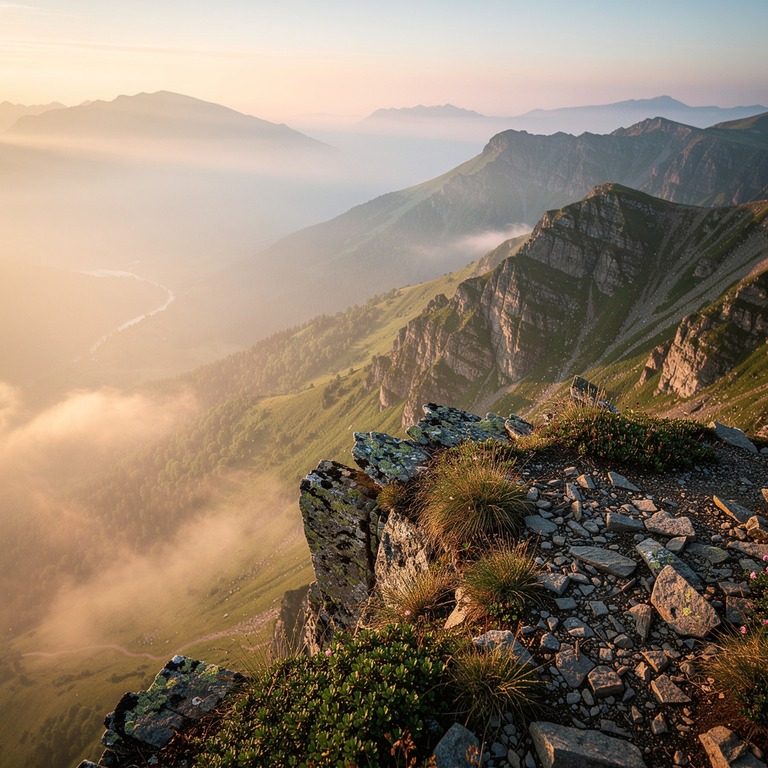 A dramatic, rugged cliffside overlooking a vast, misty valle... | ShopAyahuascaRetreats