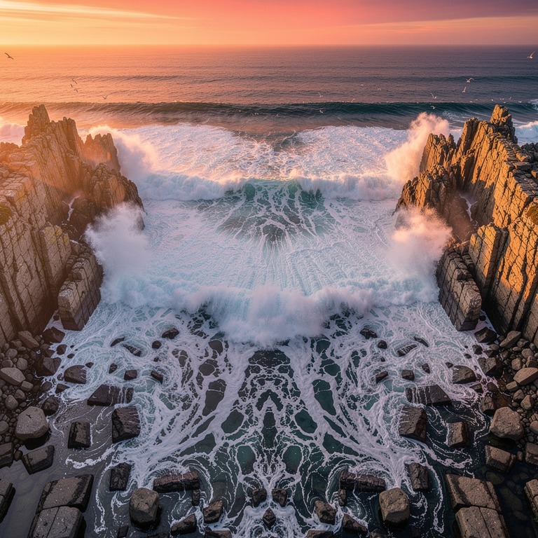 A dramatic seascape at sunset, with rocky shores and waves c... | ShopAyahuascaRetreats