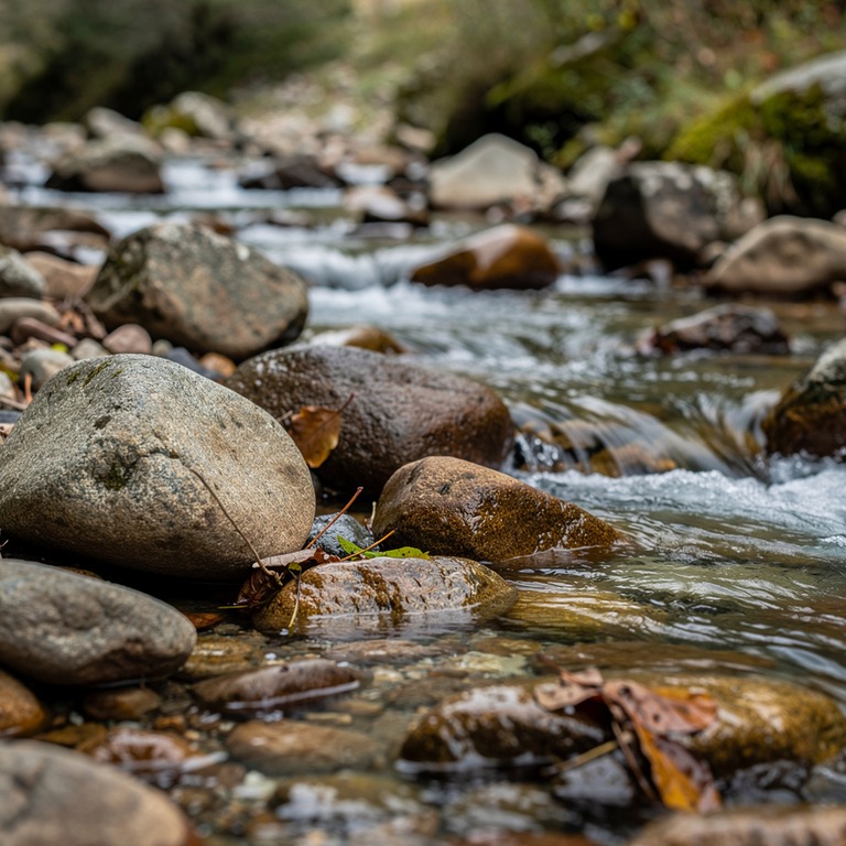 A gentle stream flowing through a rocky landscape, with roun... | ShopAyahuascaRetreats