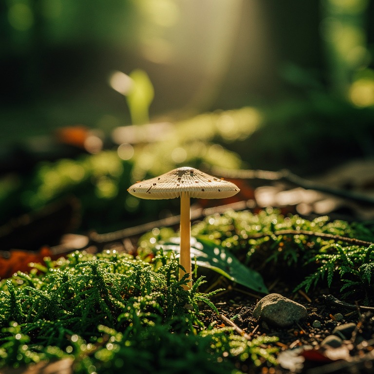 A lone, delicate psilocybe mushroom grows on a mossy forest ... | ShopAyahuascaRetreats