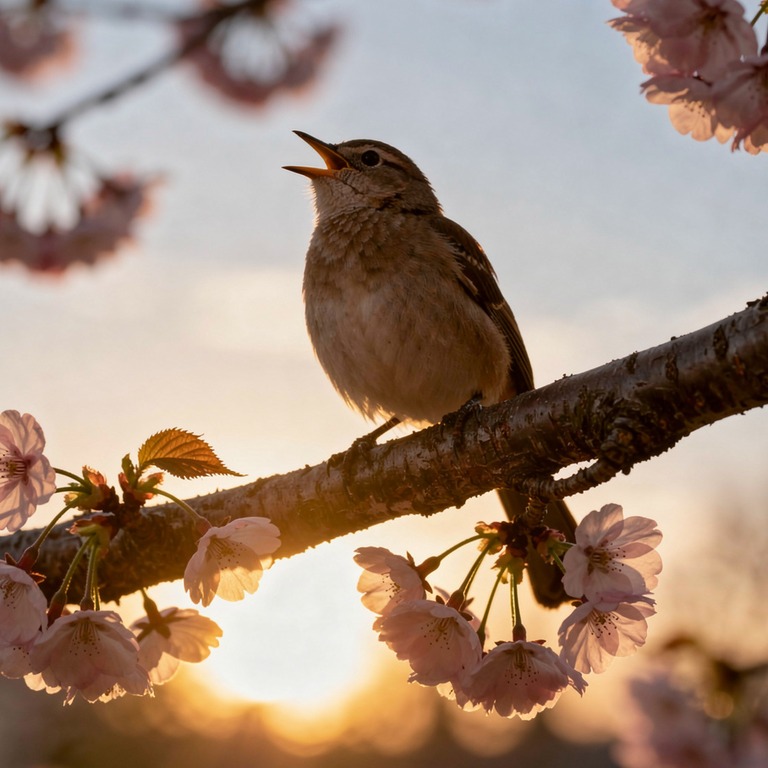 A lone songbird perches on a cherry blossom branch at dawn, ... | ShopAyahuascaRetreats