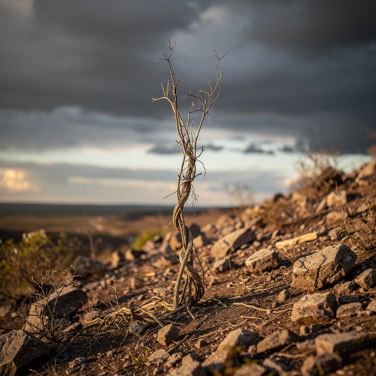 A lone, withered ayahuasca vine stands on a barren, rocky sl... | ShopAyahuascaRetreats