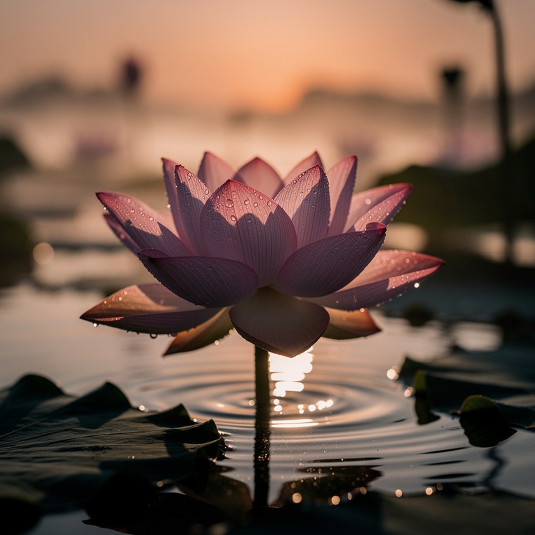 A lotus flower blooms in a serene pond at sunrise, symbolizi... | ShopAyahuascaRetreats