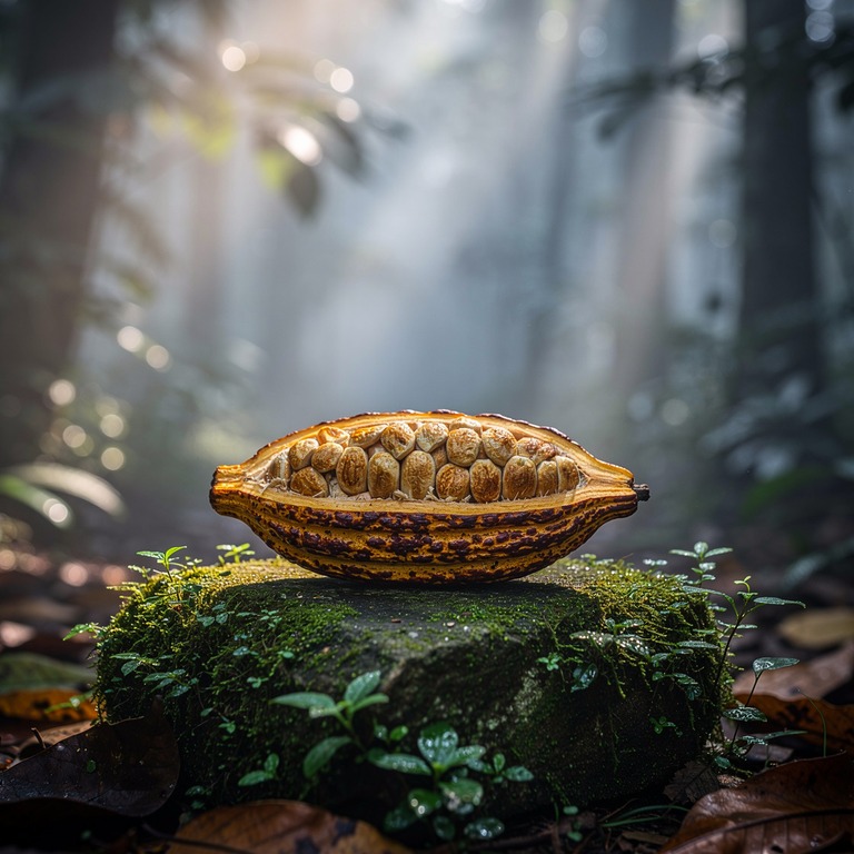 A macro view of a cacao pod cracked open on a mossy stone, w... | ShopAyahuascaRetreats