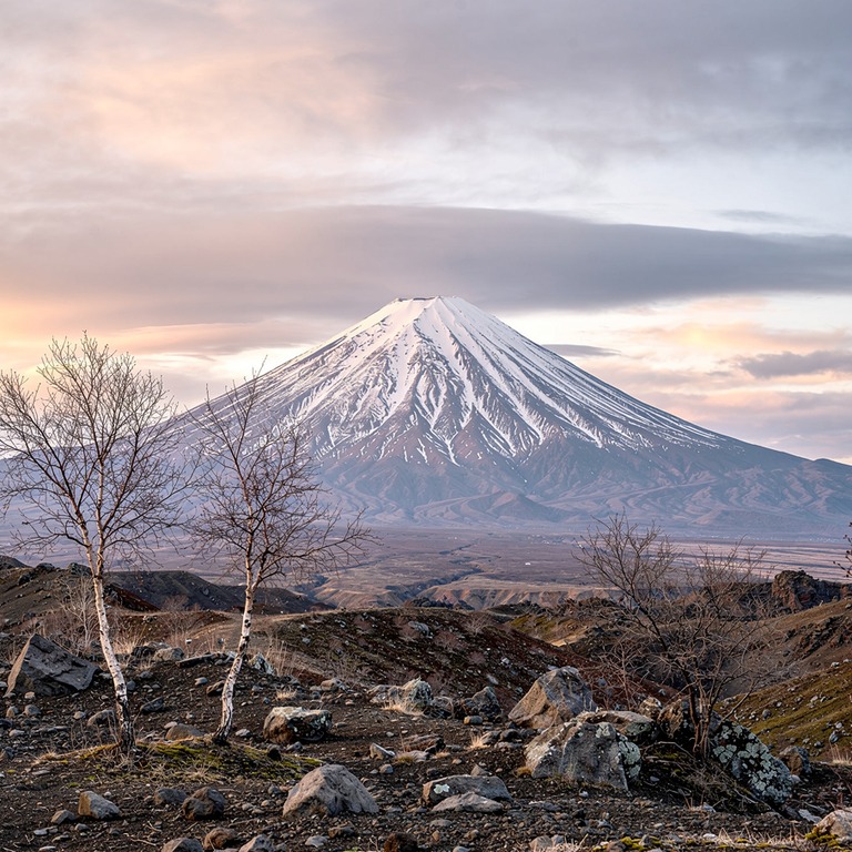 A majestic, snow-capped volcano rising above a serene, barre... | ShopAyahuascaRetreats
