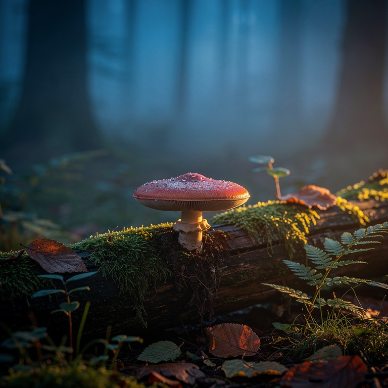 A mature psilocybin mushroom grows out of a mossy log in a m... | ShopAyahuascaRetreats