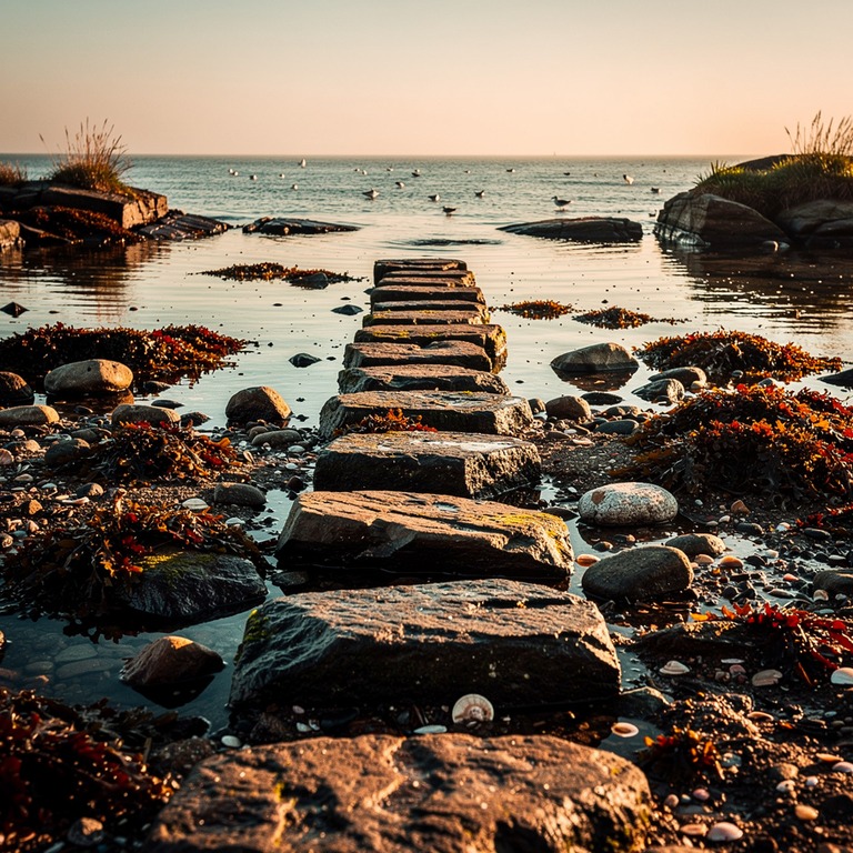 A rocky shoreline at low tide, with a few strategically plac... | ShopAyahuascaRetreats