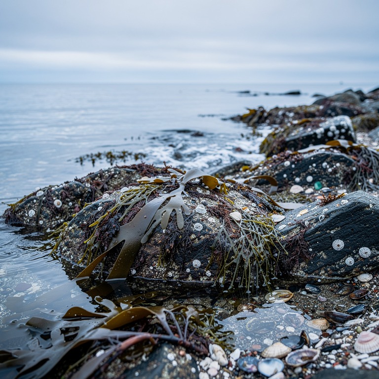 A rocky shoreline at low tide, with a variety of seaweeds an... | ShopAyahuascaRetreats