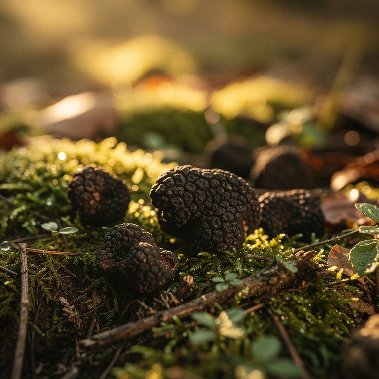 A scattering of fresh black truffles on a bed of moss, softl... | ShopAyahuascaRetreats