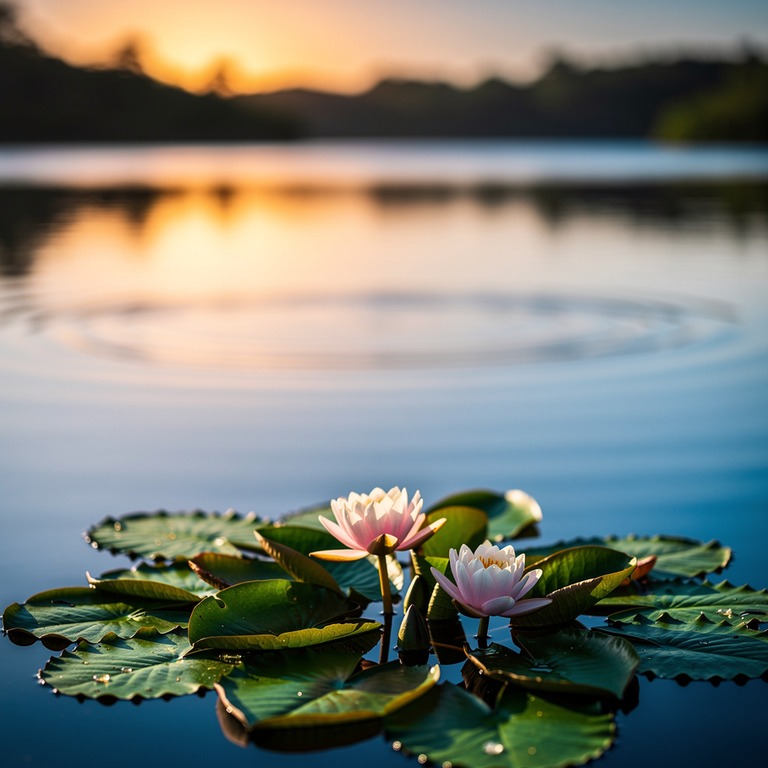 A serene lake at sunset, with a few water lilies and a subtl... | ShopAyahuascaRetreats