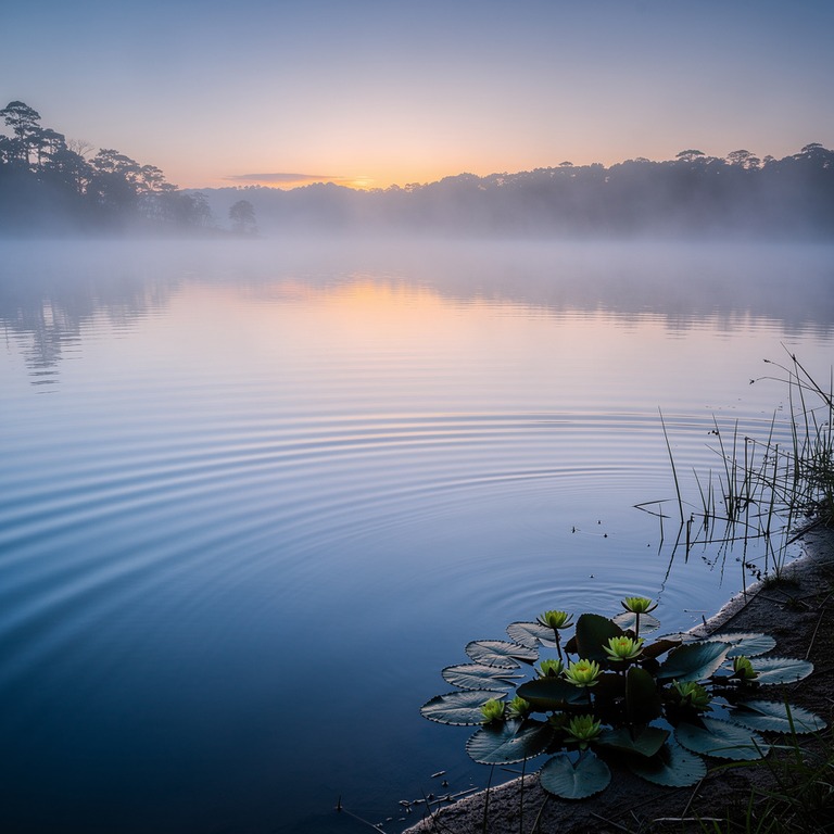 A serene landscape of a tranquil lake at dawn, with a few wa... | ShopAyahuascaRetreats