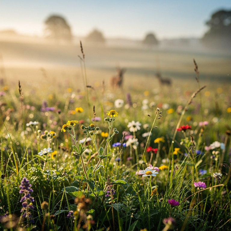 A serene, misty morning in a lush, green meadow, with wildfl... | ShopAyahuascaRetreats