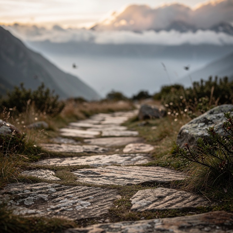 A serene mountain valley at dawn with a meandering stone pat... | ShopAyahuascaRetreats
