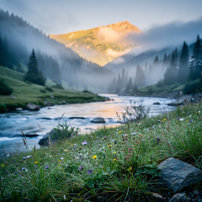 A serene mountain valley at dawn, with mist still clinging t... | ShopAyahuascaRetreats