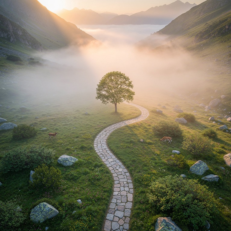 A serene mountain valley at dawn, with misty fog rolling out... | ShopAyahuascaRetreats