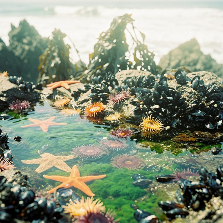 A shallow tide pool at low tide, filled with anemones, starf... | ShopAyahuascaRetreats