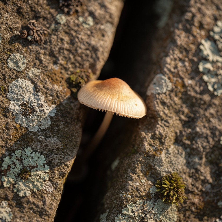 A small, delicate mushroom grows out of a crack in a large, ... | ShopAyahuascaRetreats